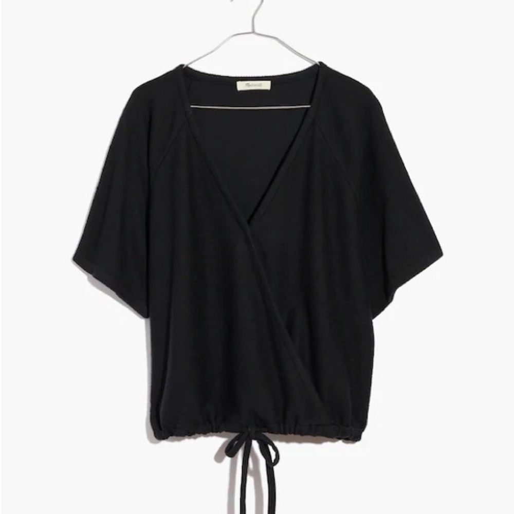 Madewell Black Drapey Ottoman Jacquard Wrap Top w/ Drawstring Hem in Size Small